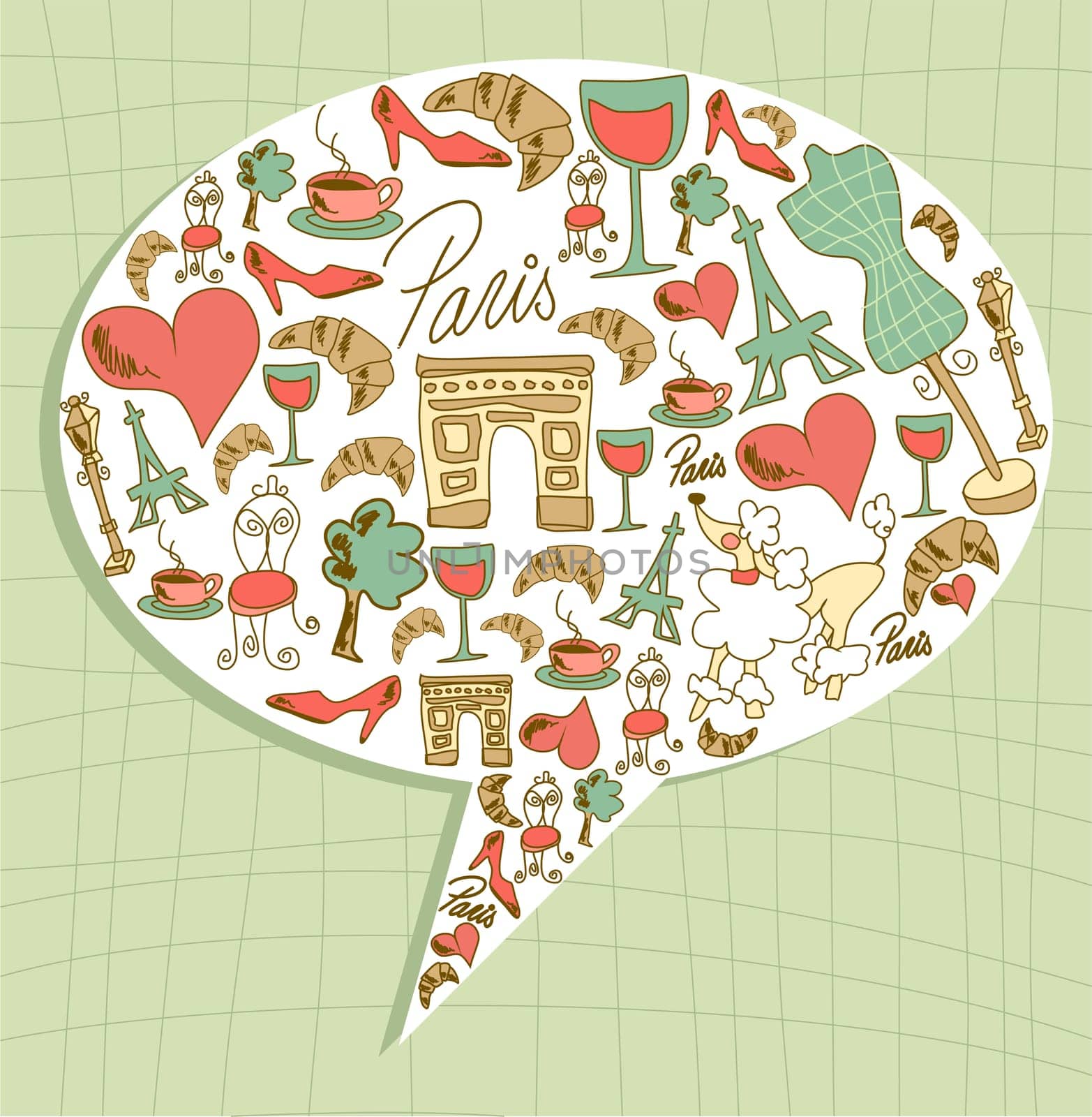 Hand drawn travel paris icon set in social media bubble. Vector file layered for easy manipulation and custom coloring.