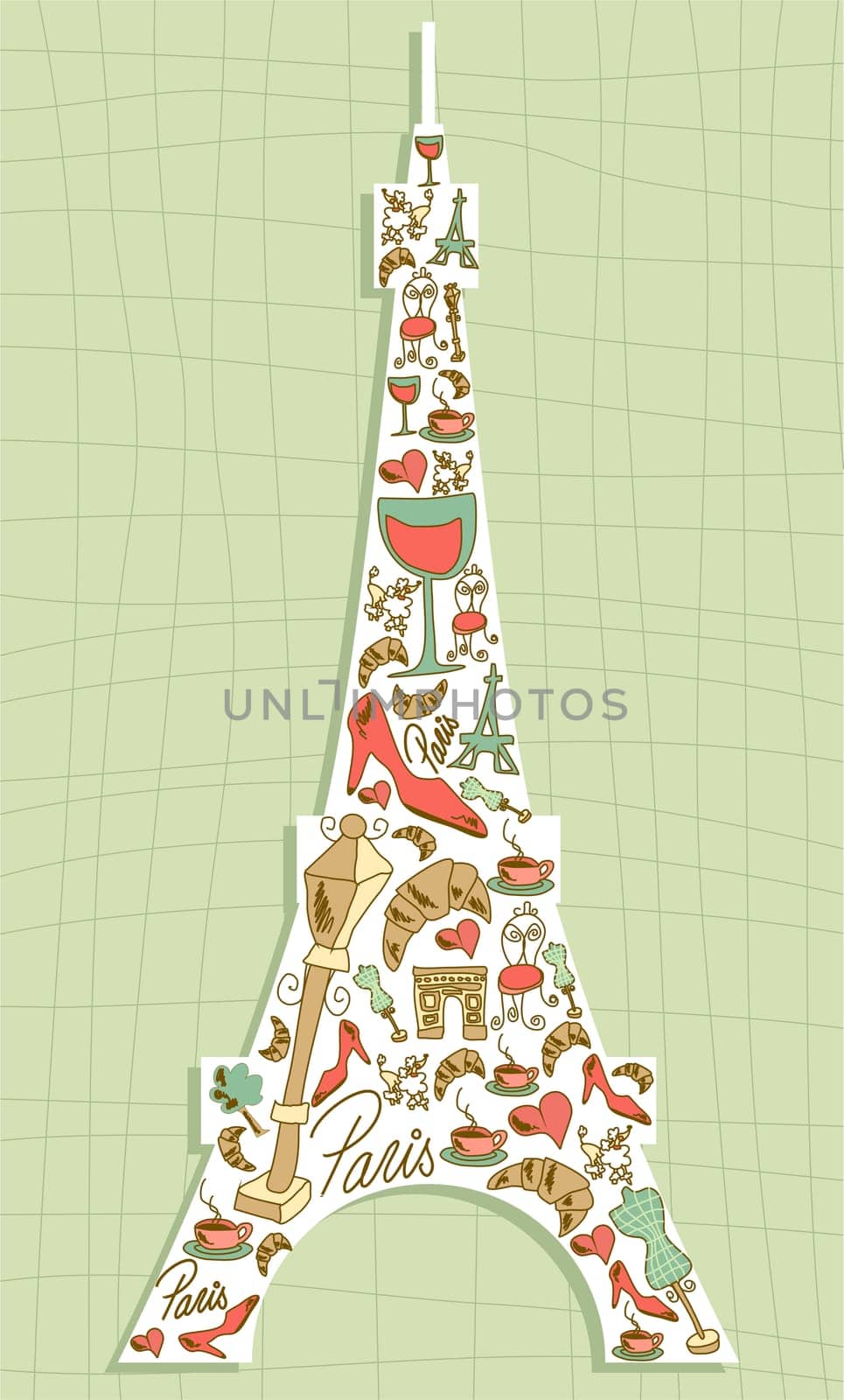 Hand drawn travel paris icon set in Eiffel tower shape. Vector file layered for easy manipulation and custom coloring.