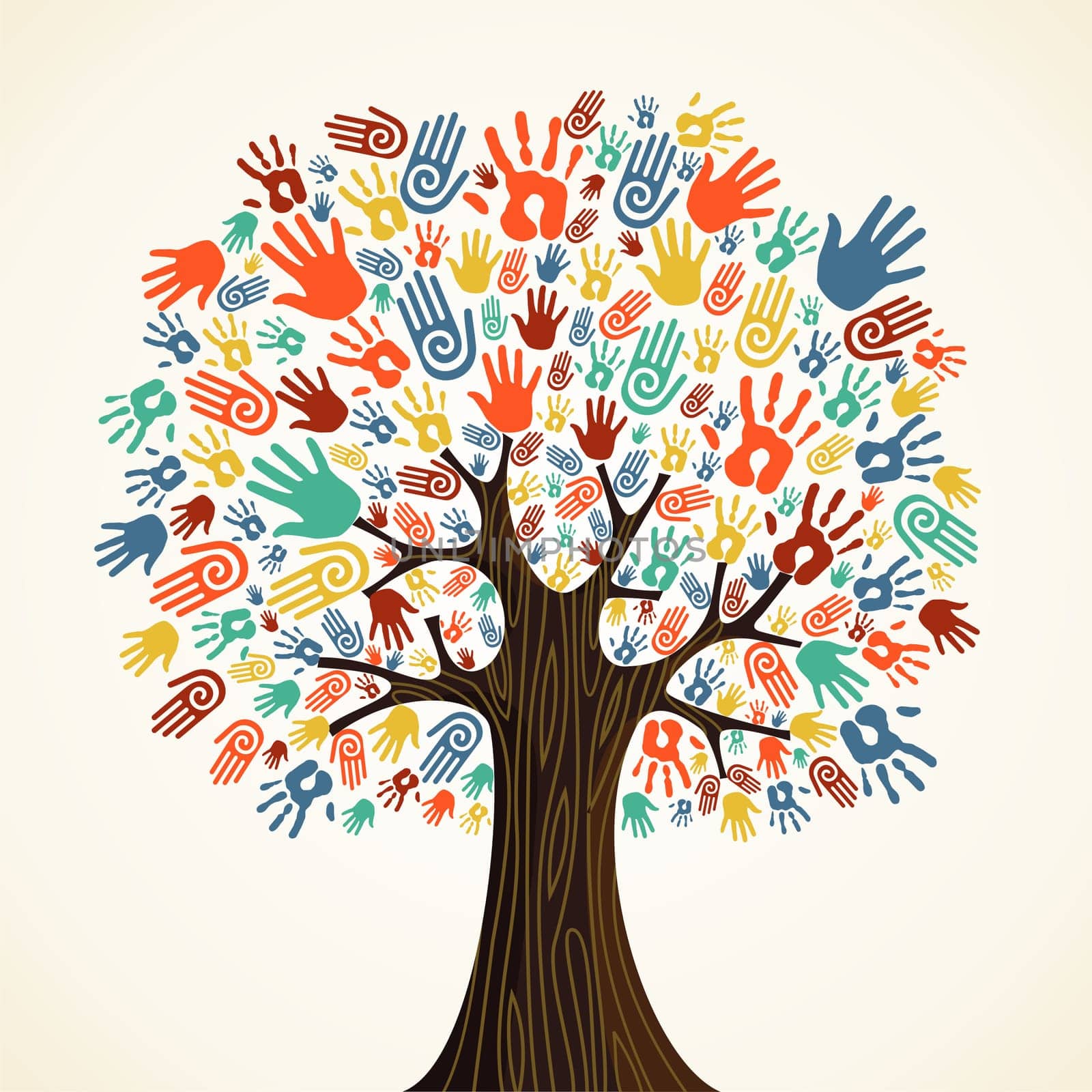 Isolated diversity tree hands illustration. Vector file layered for easy manipulation and custom coloring.