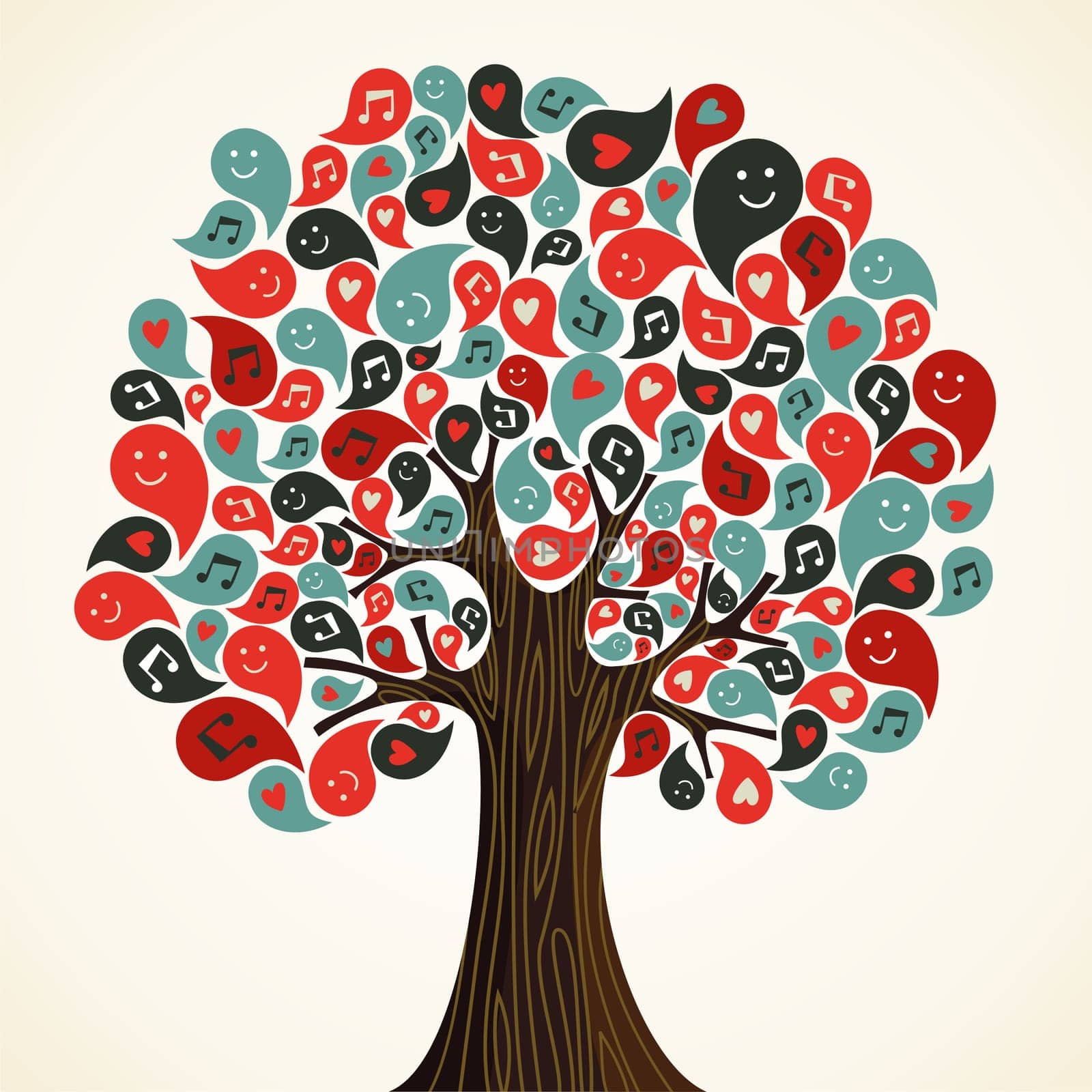 Abstract musical floral tree with icons. Vector illustration layered for easy manipulation and custom coloring.