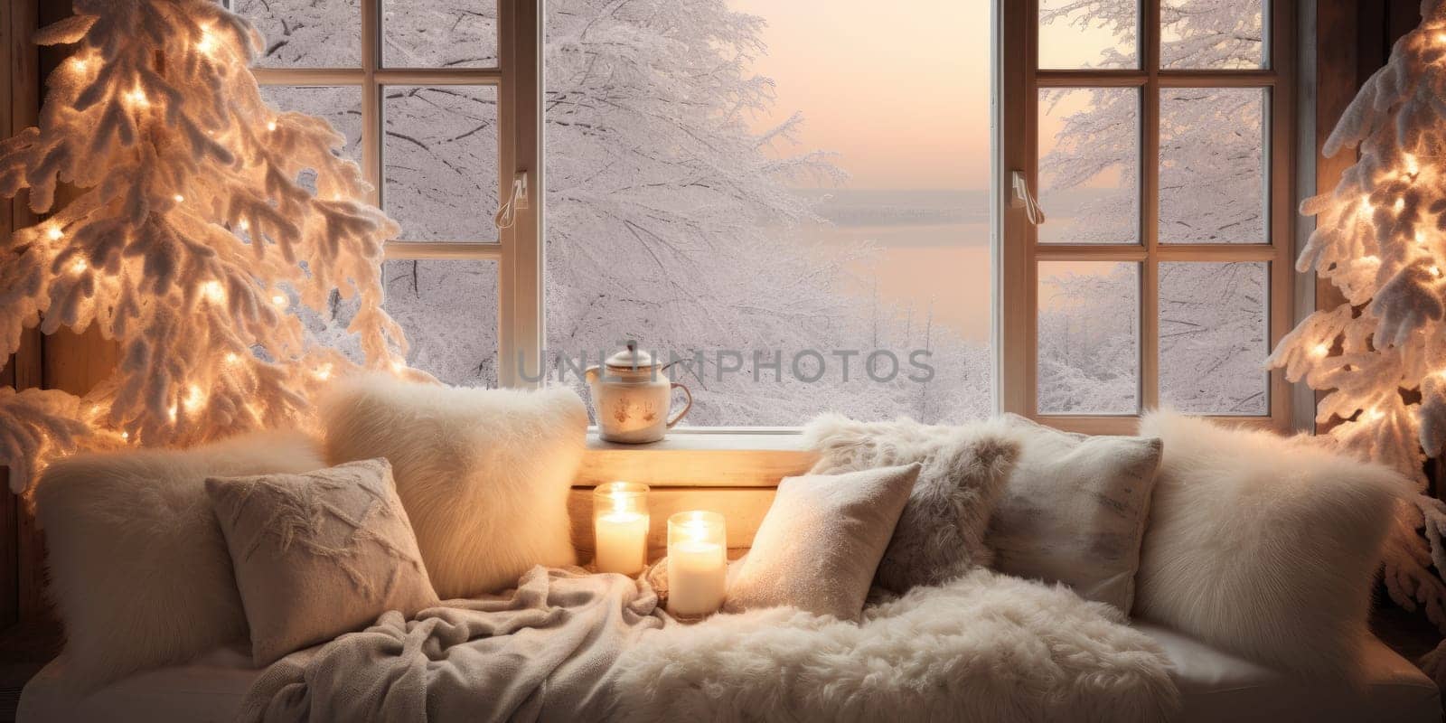 Winter season. Cozy sofa and Window with winter frost. Generative AI.