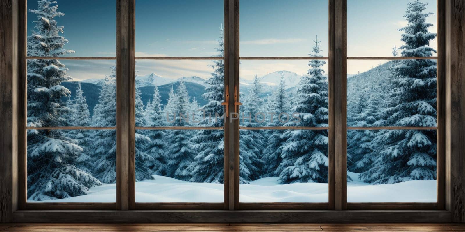 Winter season. Window with winter frost. Generative AI.