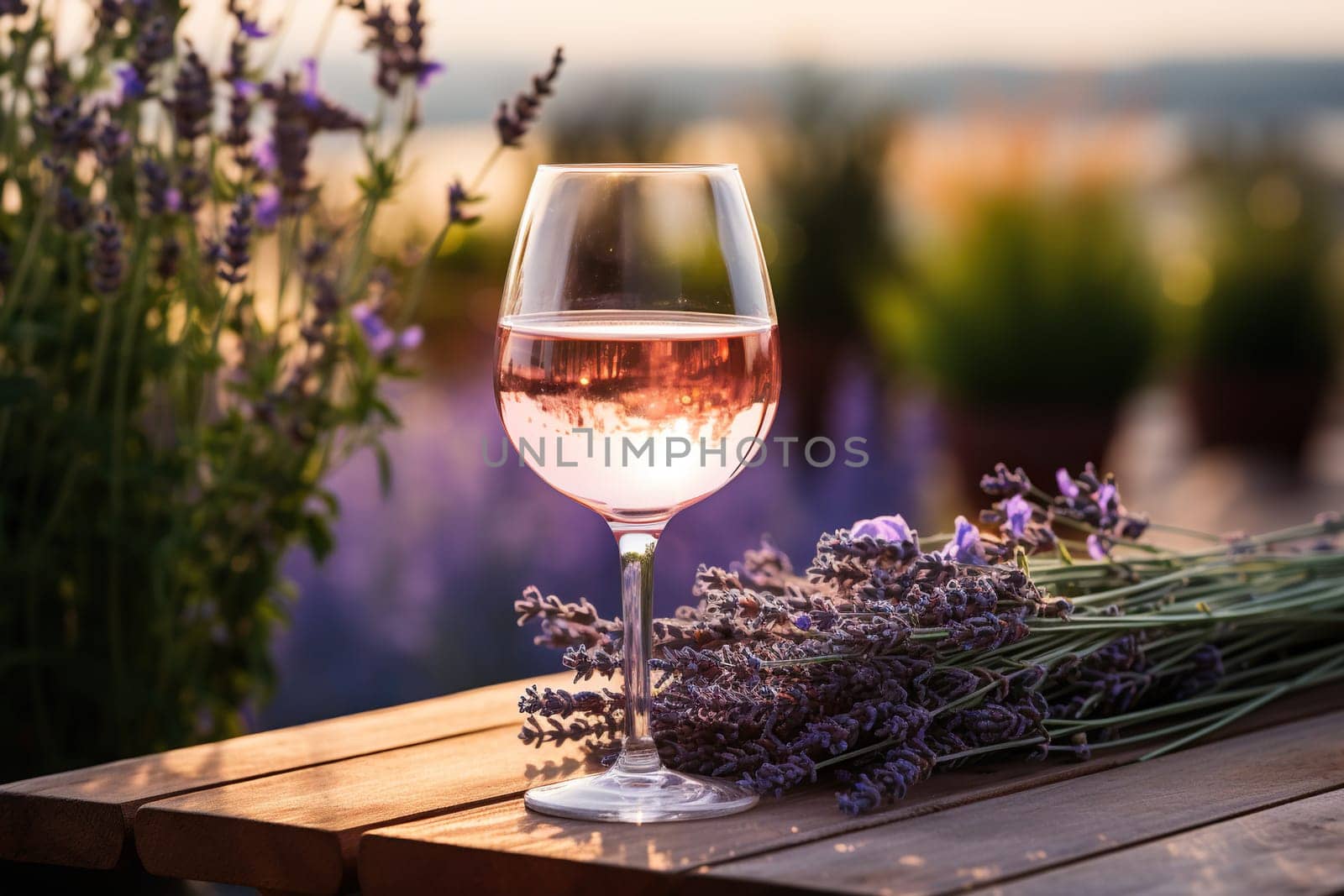 A glass of lavender wine on a wooden table in nature in the rays of sunset. Beautiful still life with a lavender bouquet and a glass of wine.