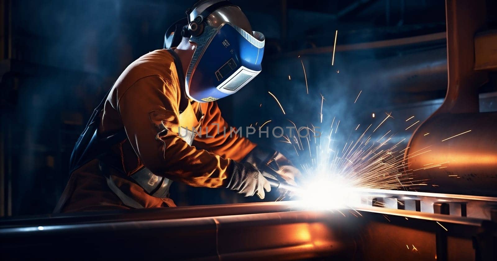 Safety working welder skill manufacturing engineering equipment job steel industrial worker men spark metal welding construction protection smoke factory light mask