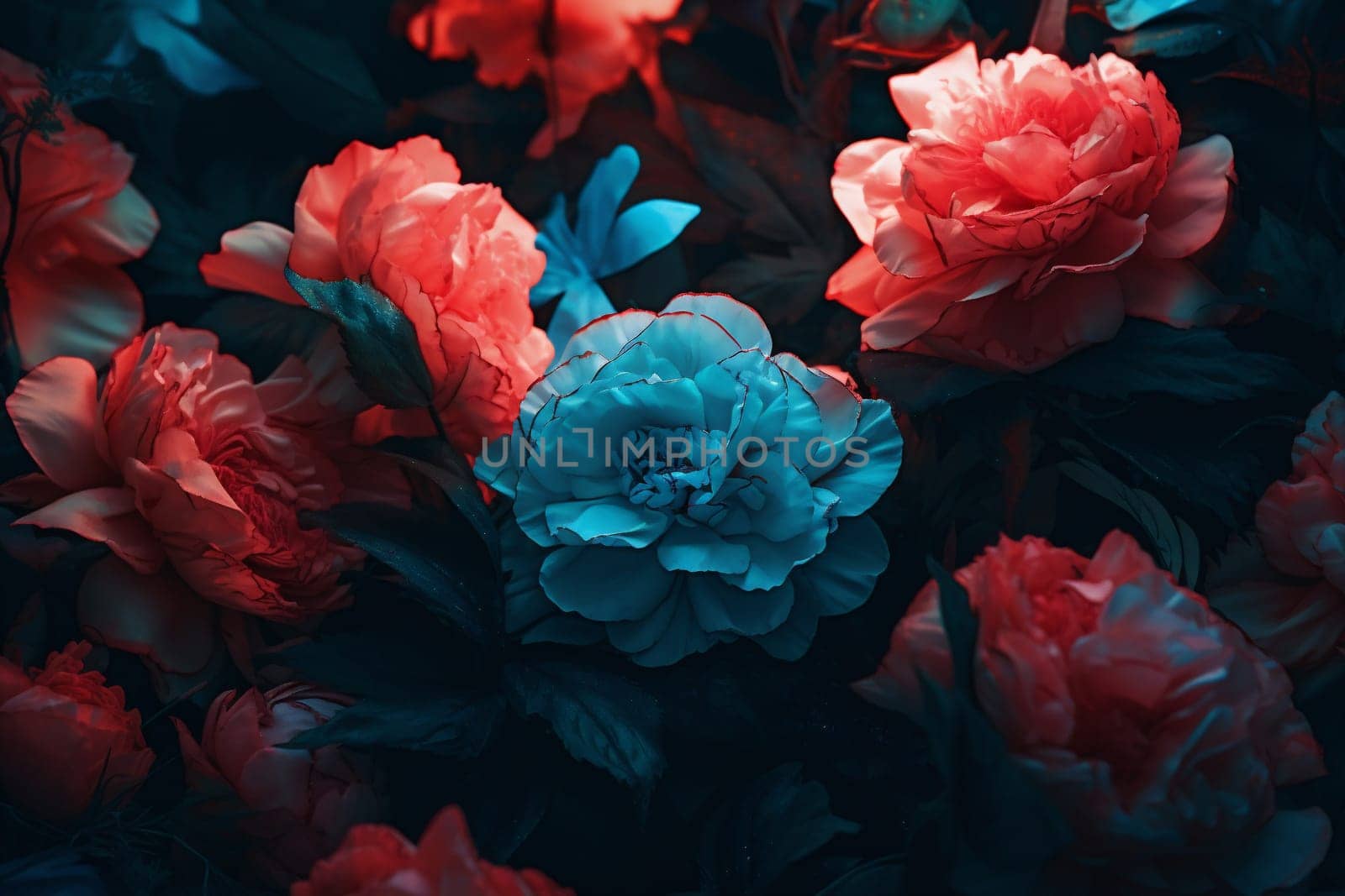 leaf colours flora plant trendy bright colourful design bloom background flower blossom pattern nature spring high-coloured peony floral summer neon. Generative AI.