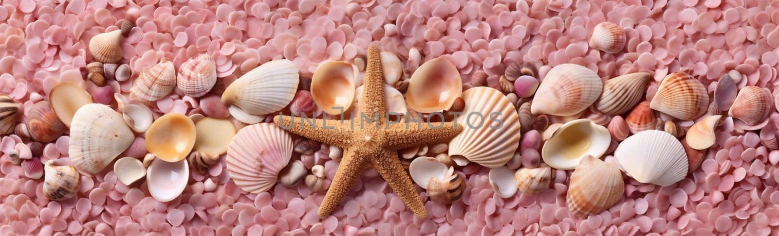 shell ocean banner summer sea tropical beach sand holiday nature. Generative AI. by Vichizh