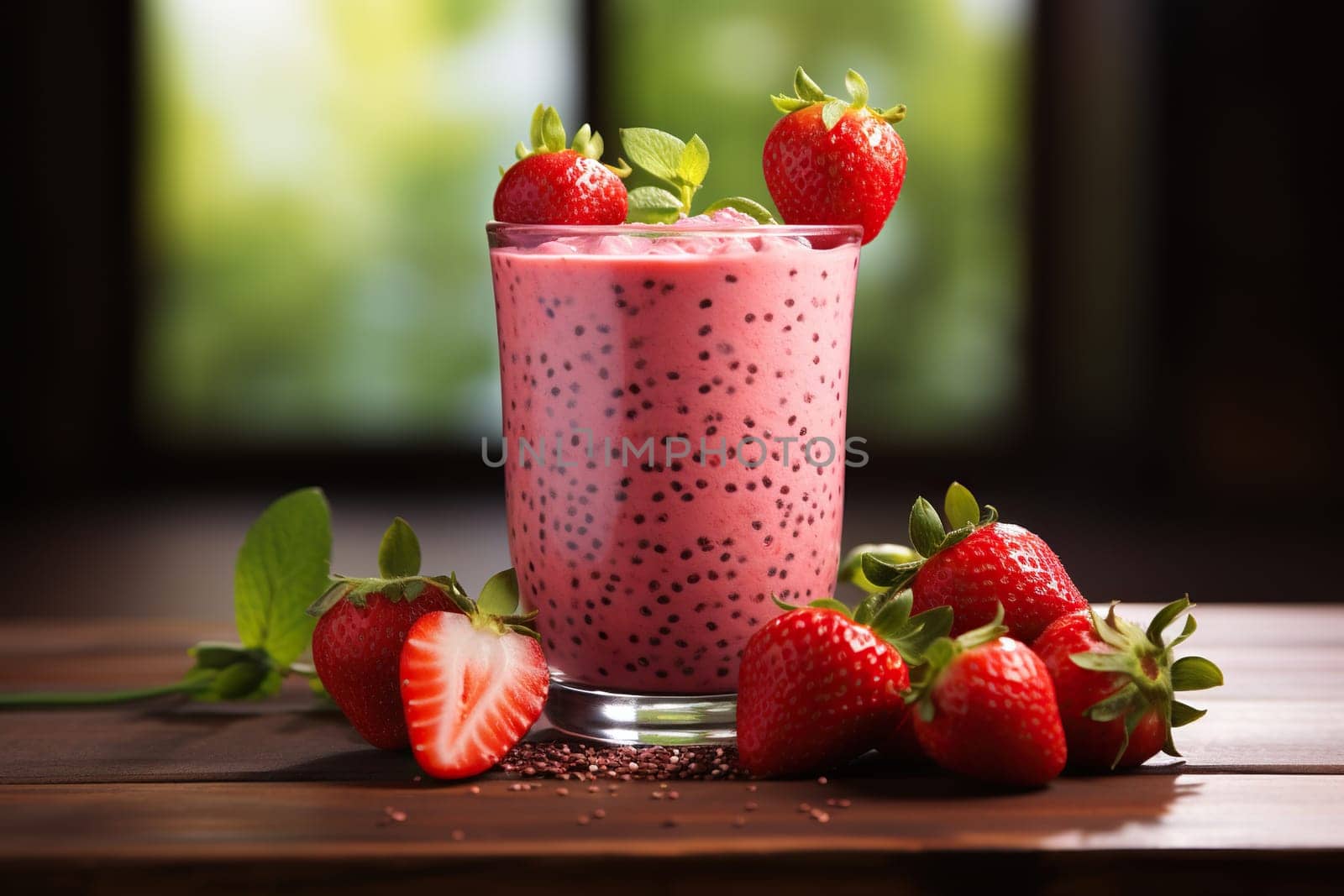 A glass of fresh strawberry milkshake, strawberry smoothie with chia seeds. Healthy food and drink concept.