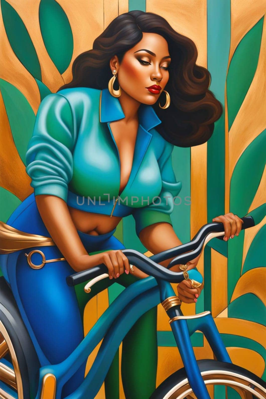 fashion portrait of modern empowered woman riding bike illustration , blue, copper and pastel tones by verbano