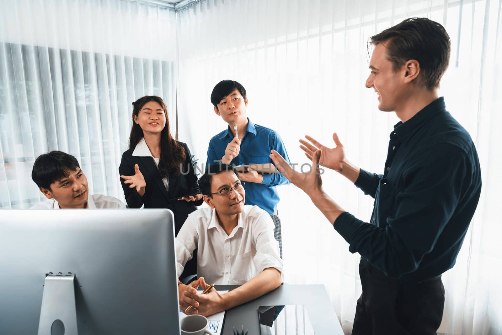 Group of diverse office worker employee working together on strategic business marketing planning in corporate office room. Positive teamwork in business workplace concept. Prudent