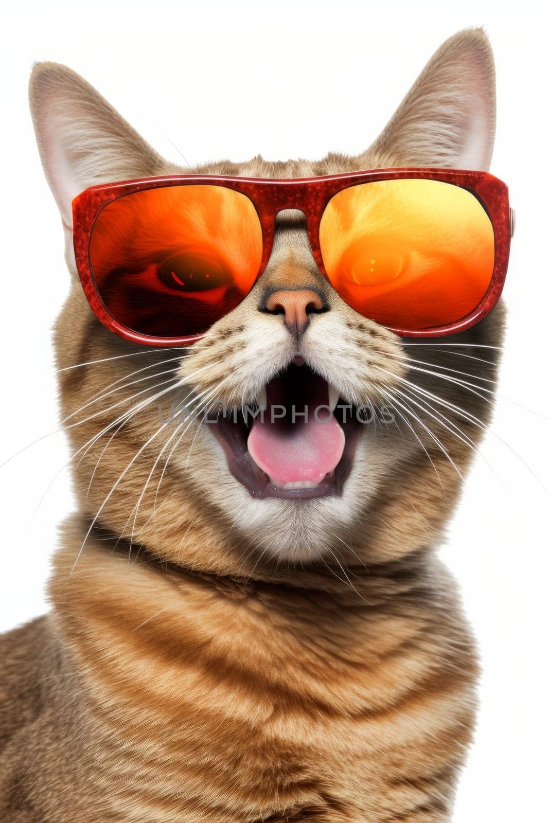Portrait of happy ginger cat in orange large sunglasses, on white background. Vertical
