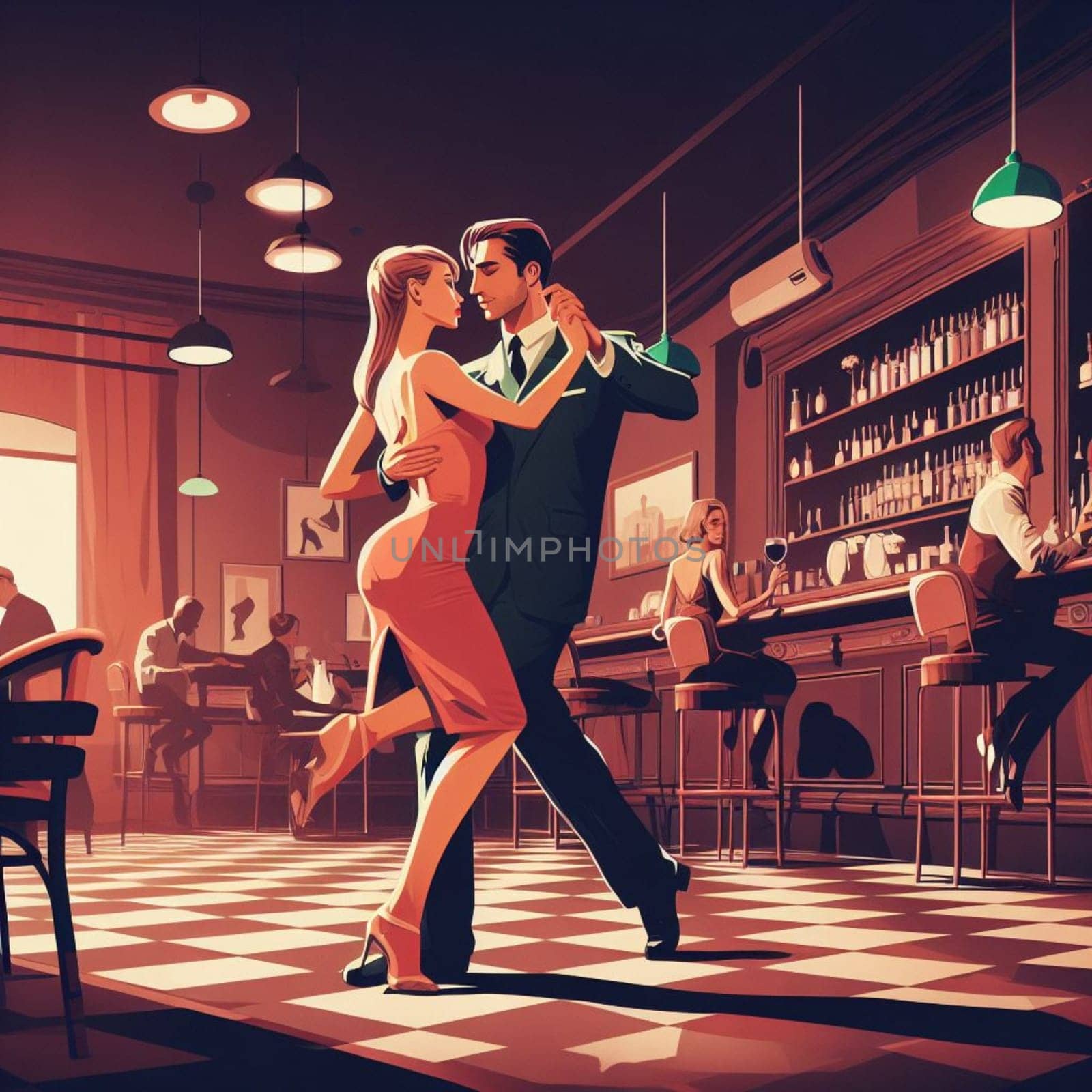 couple dance in a bar , dim light , romantic vintage atmosphere by verbano
