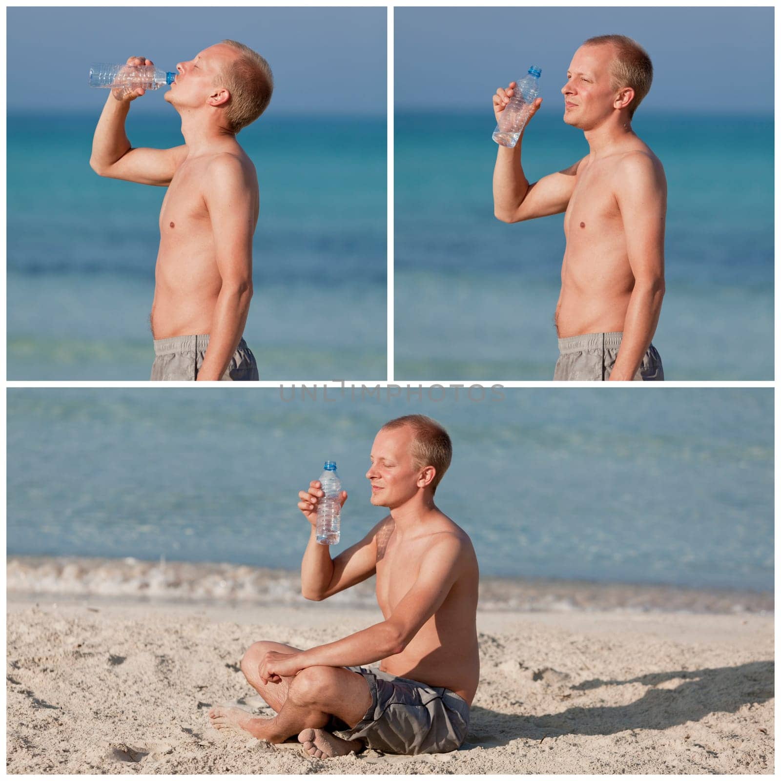 Young man boy drinking refreshing water from a bottle on the beach by the sea in summer vacation