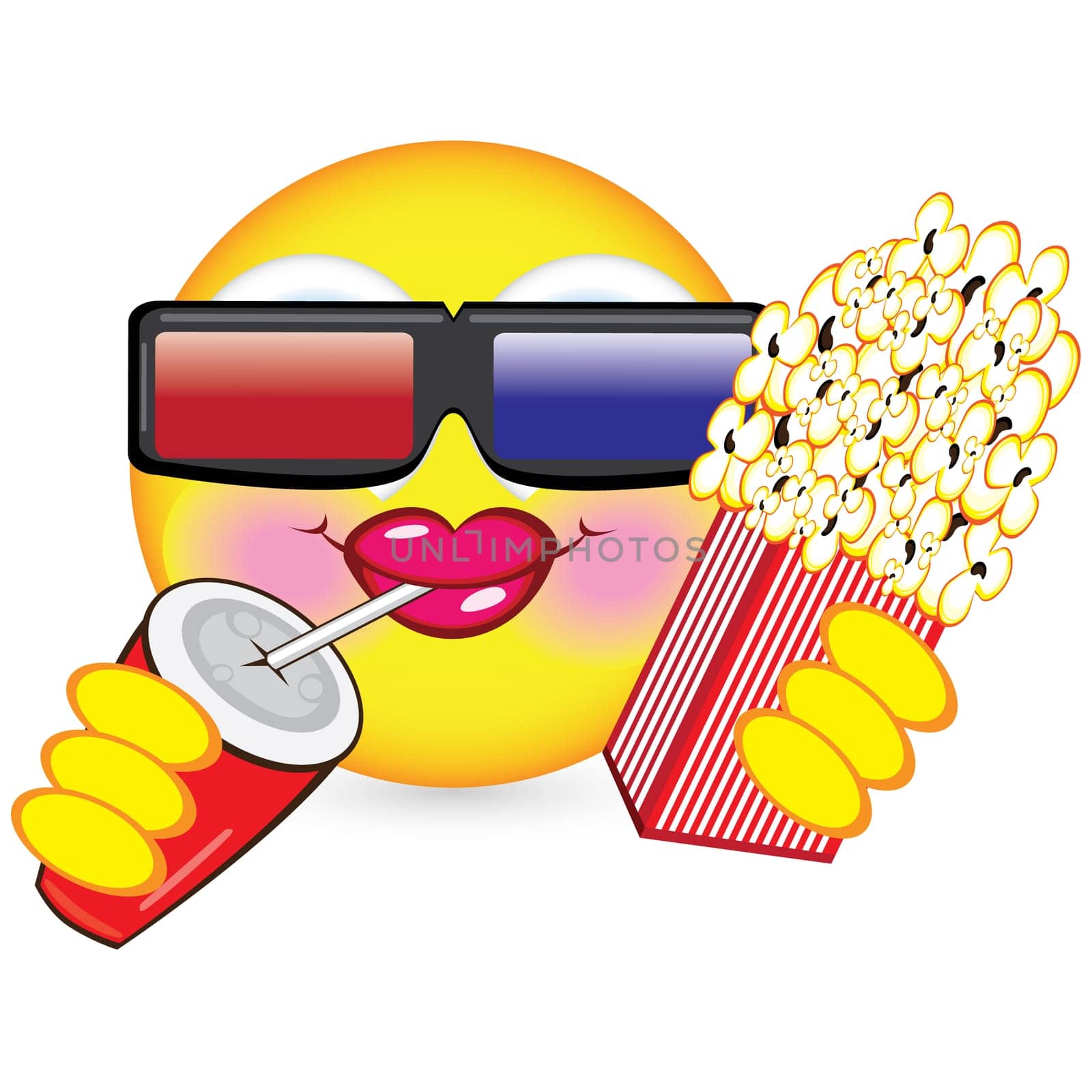 Cheerful smiley eating popcorn. Illustration for design on white background