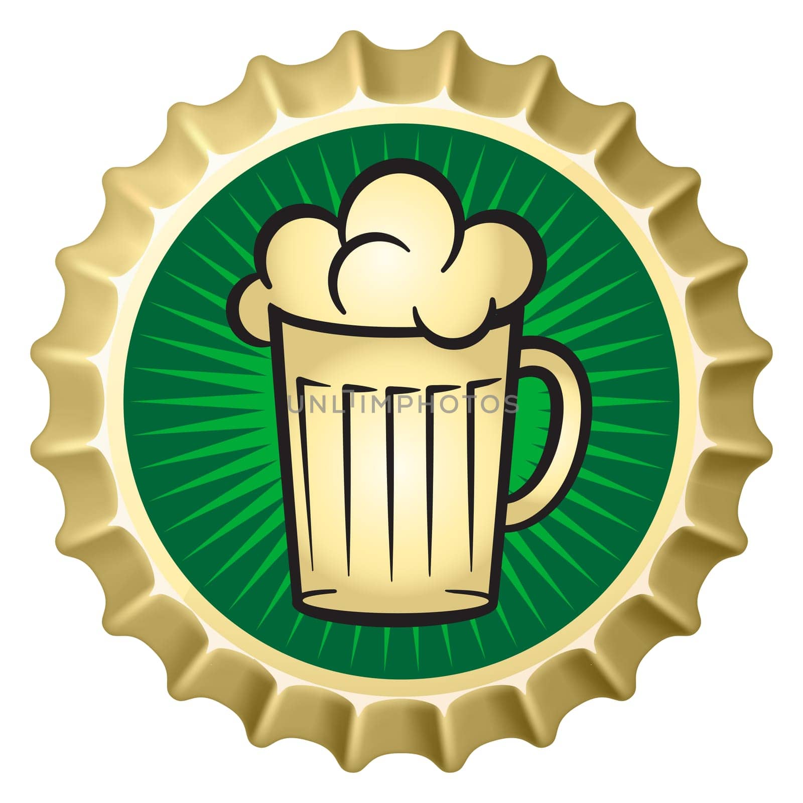 Beer caps with glass of beer. Illustration of designer on white background