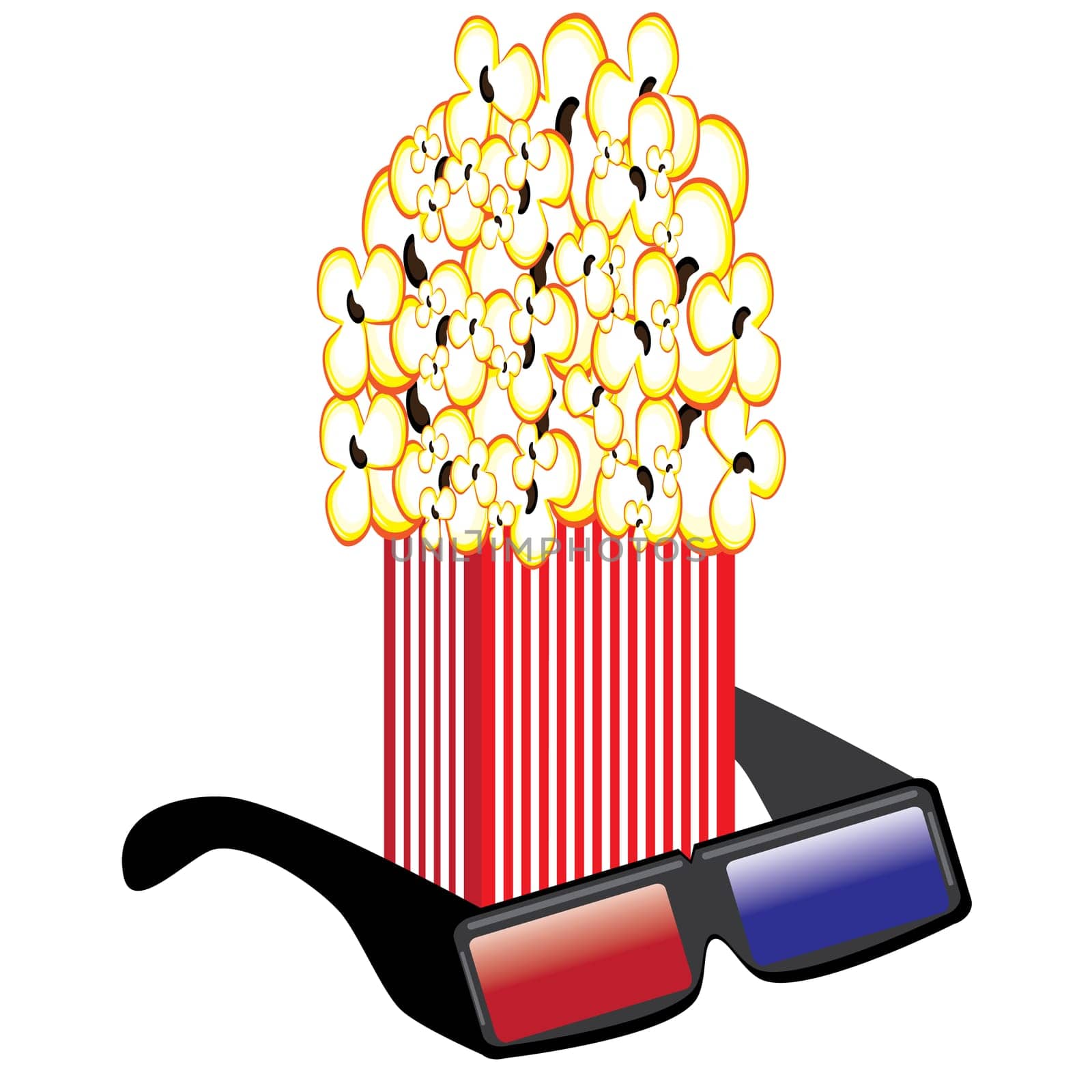 Popcorn and 3D Glasses. Illustrations on white background for design