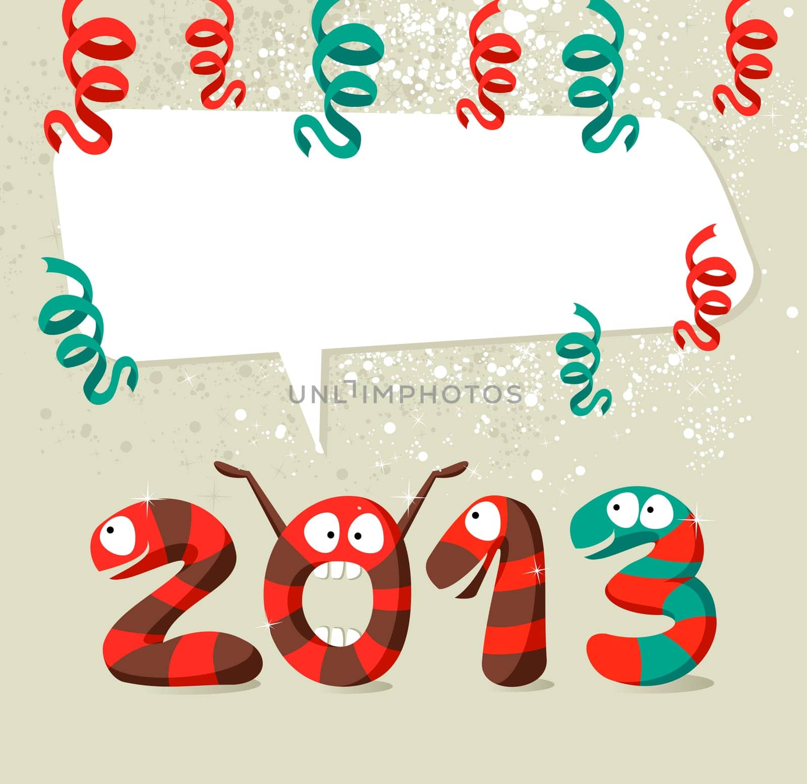Cartoon 2013 snakes celebrating the beginning of the new year background. Vector illustration layered for easy manipulation and custom coloring.