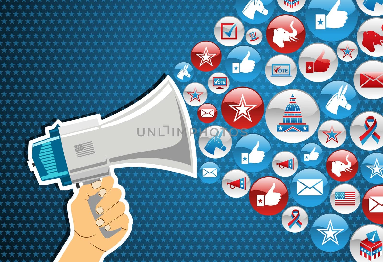 US elections politic marketing communication: hand holding a megaphone with icons splash background. Vector file layered for easy manipulation and custom coloring.