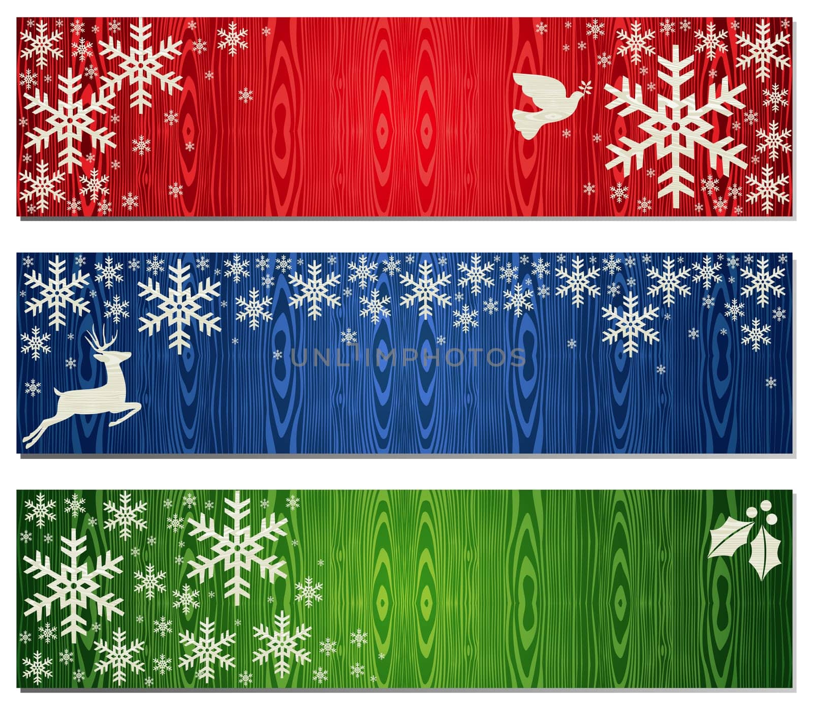 Reindeer, dove of peace and mistletoe Christmas banner backgrounds. Vector illustration layered for easy manipulation and custom coloring.