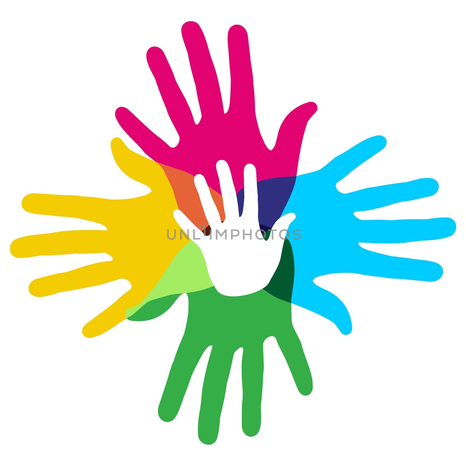 Multicolor creative diversity hands symbol. Vector illustration layered for easy manipulation and custom coloring.