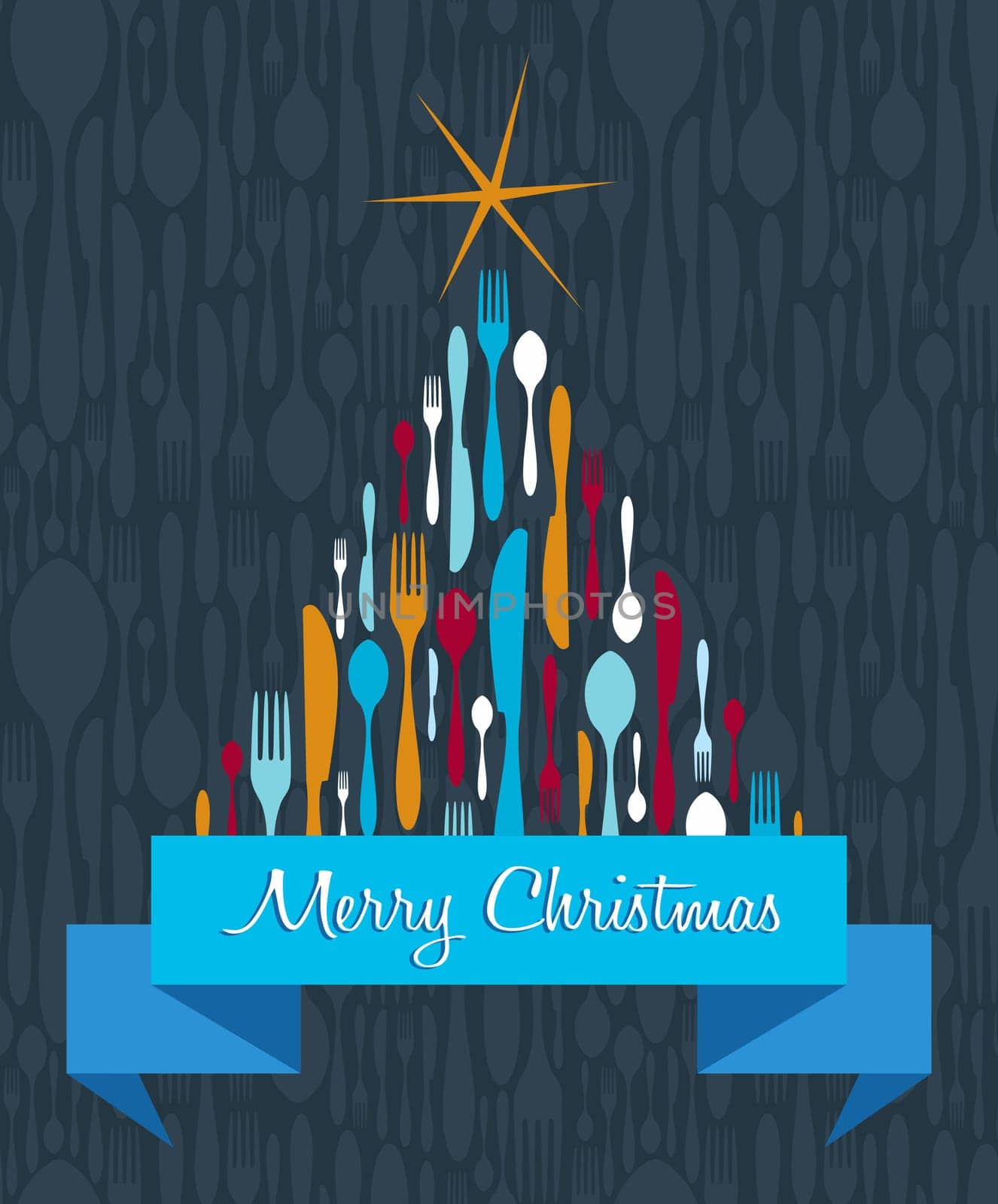 Cutlery Christmas Tree greeting card background. Fork, spoon and knife in season pine shape with ribbon. Vector illustration layered for easy manipulation and custom coloring.