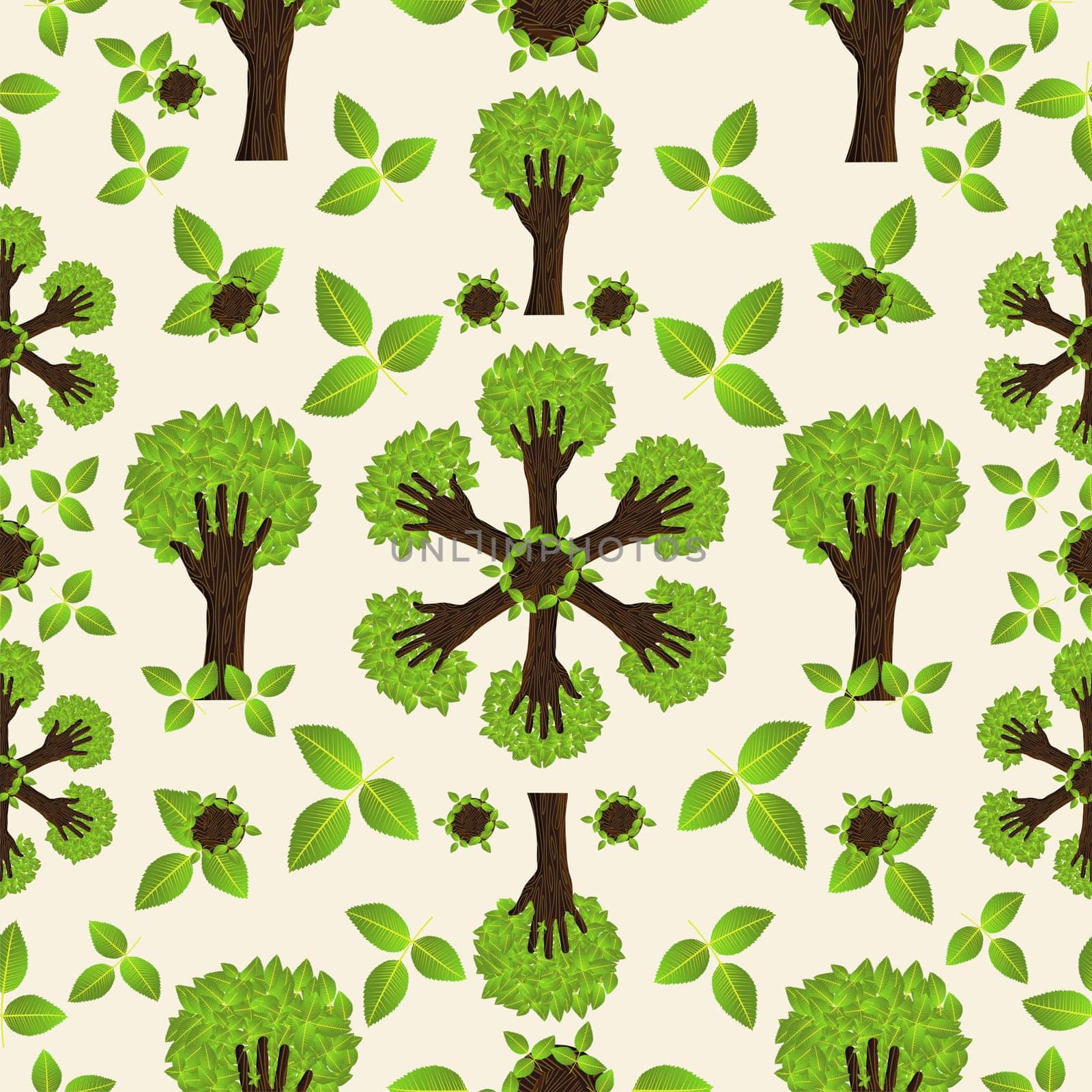 Environmental conservation hand tree forest seamless pattern. Vector illustration layered for easy manipulation and custom coloring.