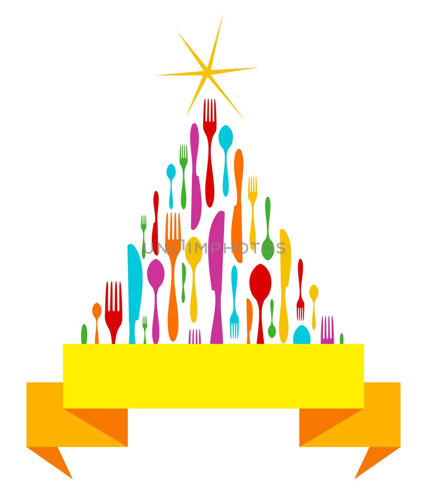 Cutlery Christmas Tree isolated greeting card template. Fork, spoon and knife in season pine shape with ribbon. Vector illustration layered for easy manipulation and custom coloring.