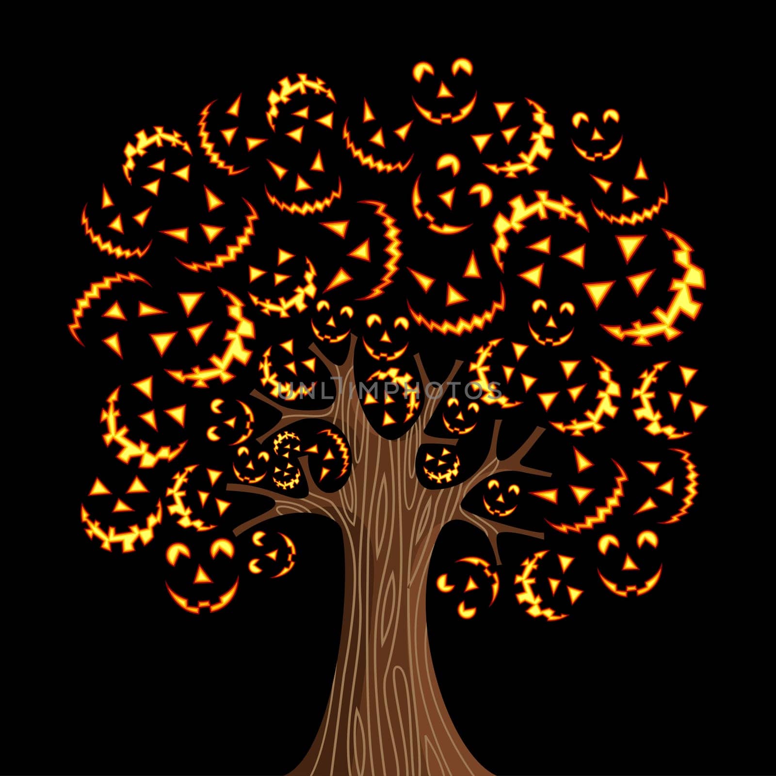 Halloween tree with horror icons background. Vector illustration layered for easy manipulation and custom coloring.