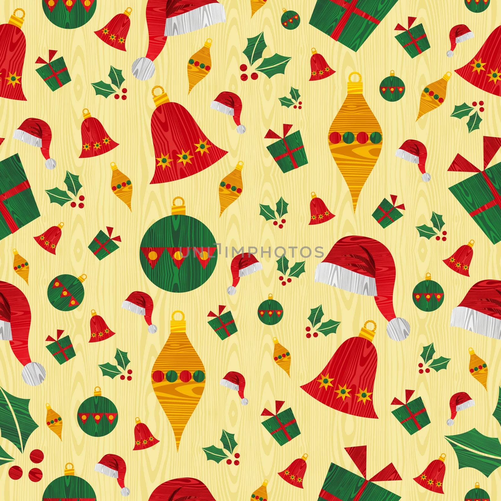 Christmas wooden objects seamless pattern background. Vector illustration layered for easy manipulation and custom coloring.