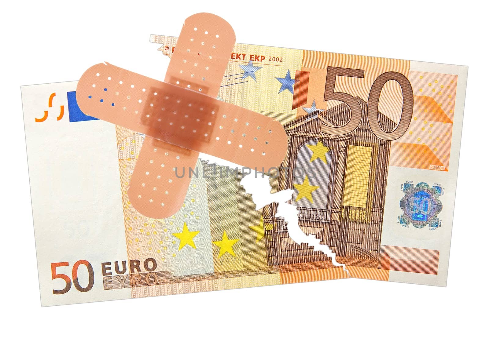 fifty euro banknote taped with a patch