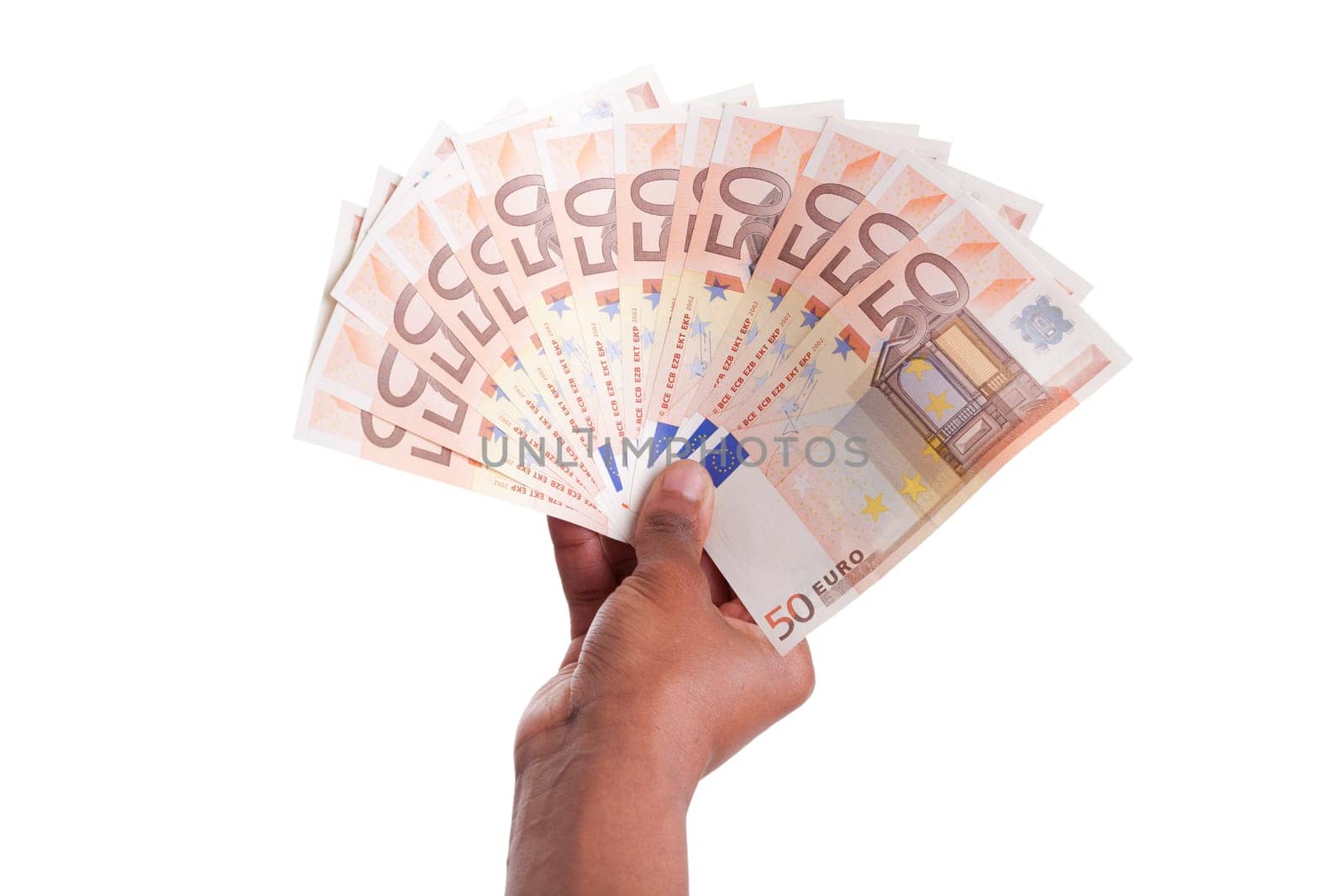 African hand holding money, isolated on white background