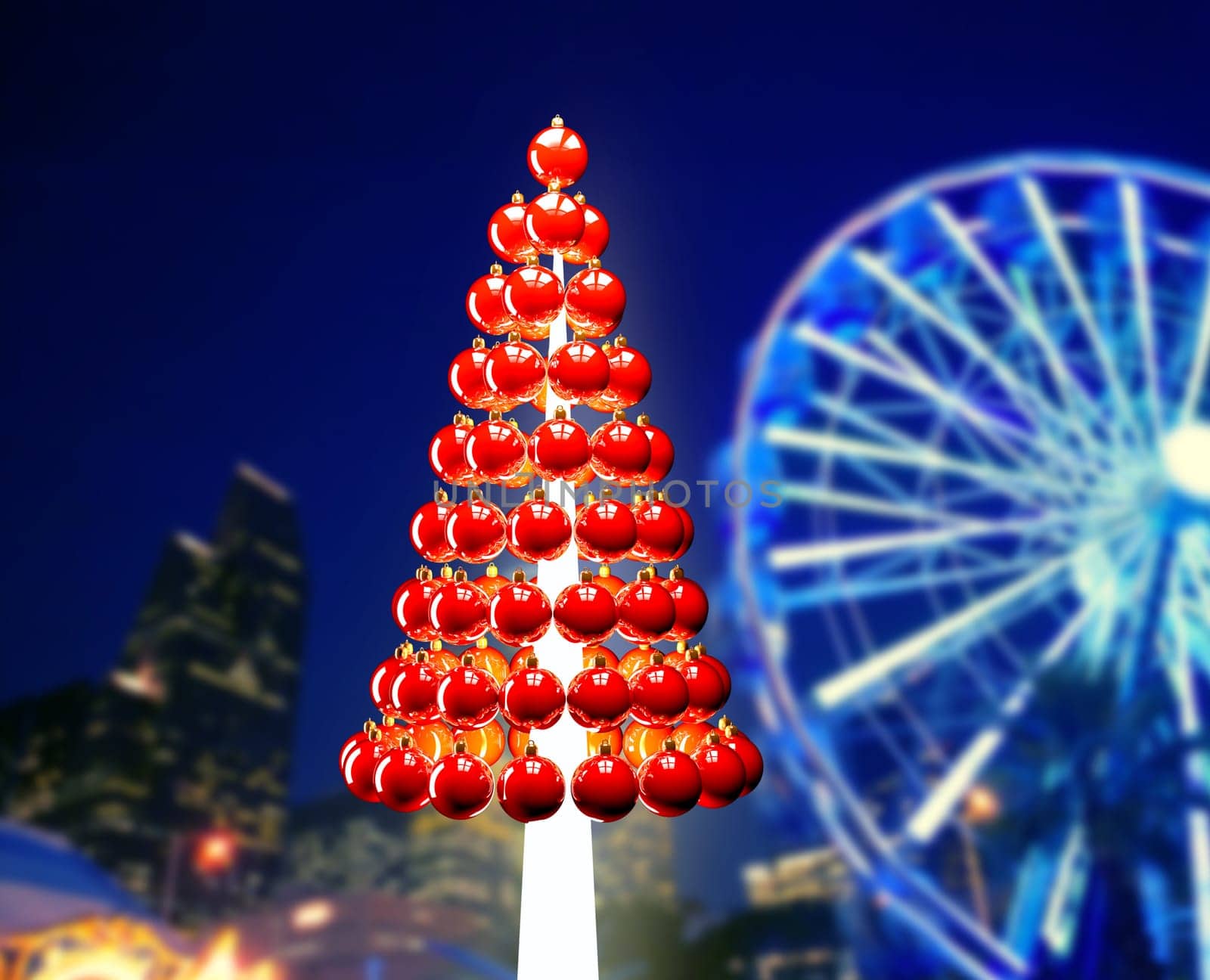 Christmas tree of glossy red baubles balls 3d render ferrys wheel
