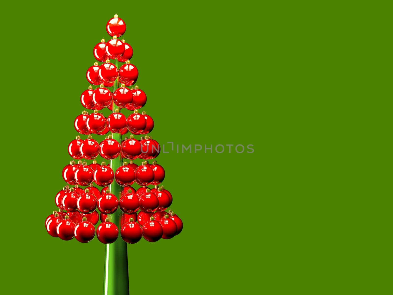Christmas tree of glossy red baubles balls 3d render on red