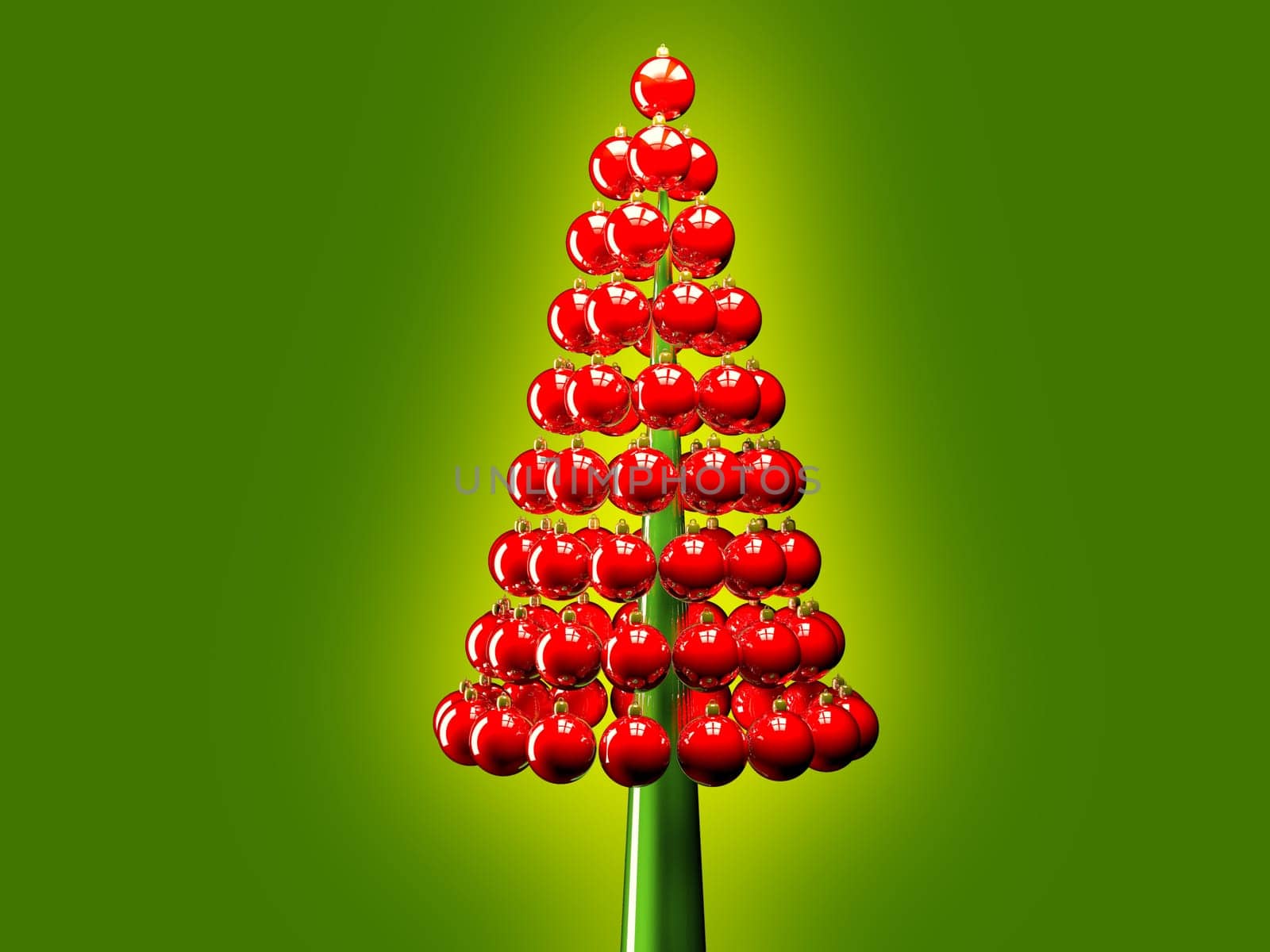 Christmas tree of glossy red baubles balls 3d render on red