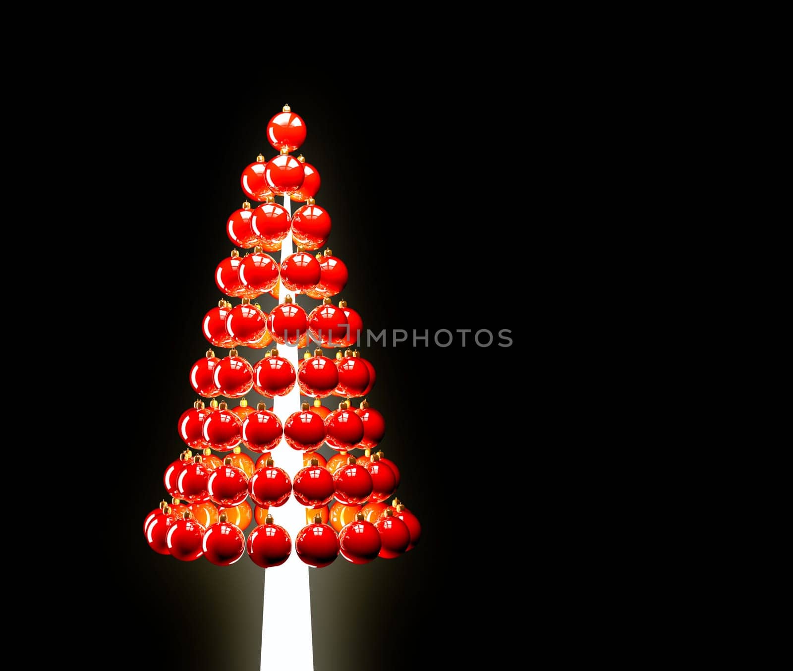 Christmas tree of glossy red baubles balls 3d render on black
