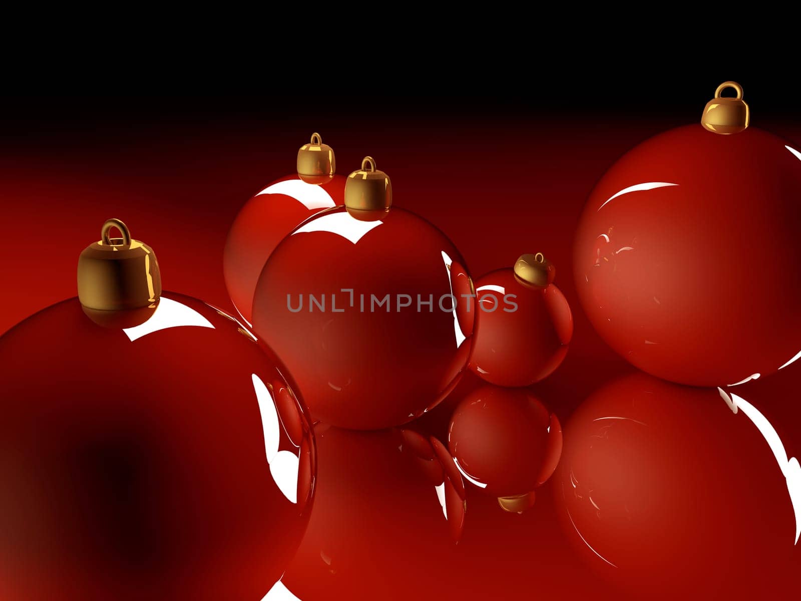 Christmas glossy baubles red balls 3d render image