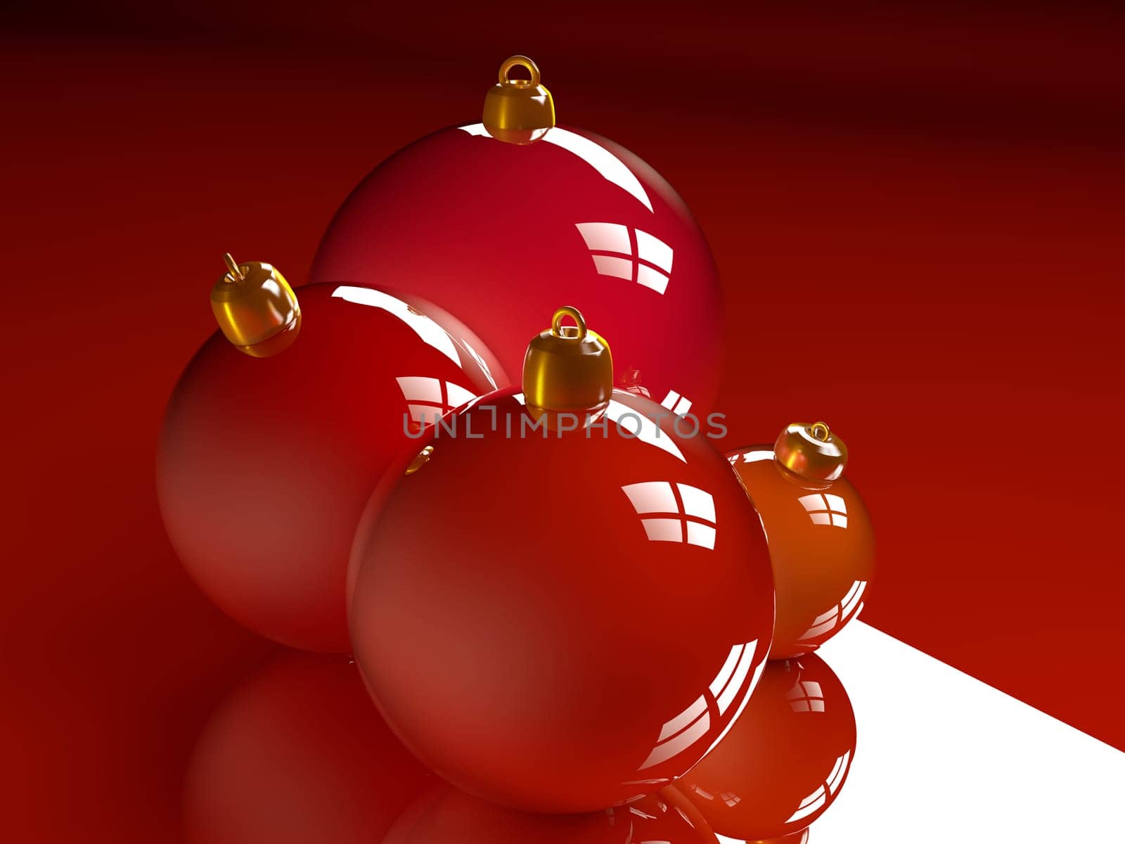 Christmas glossy baubles red balls 3d render image
