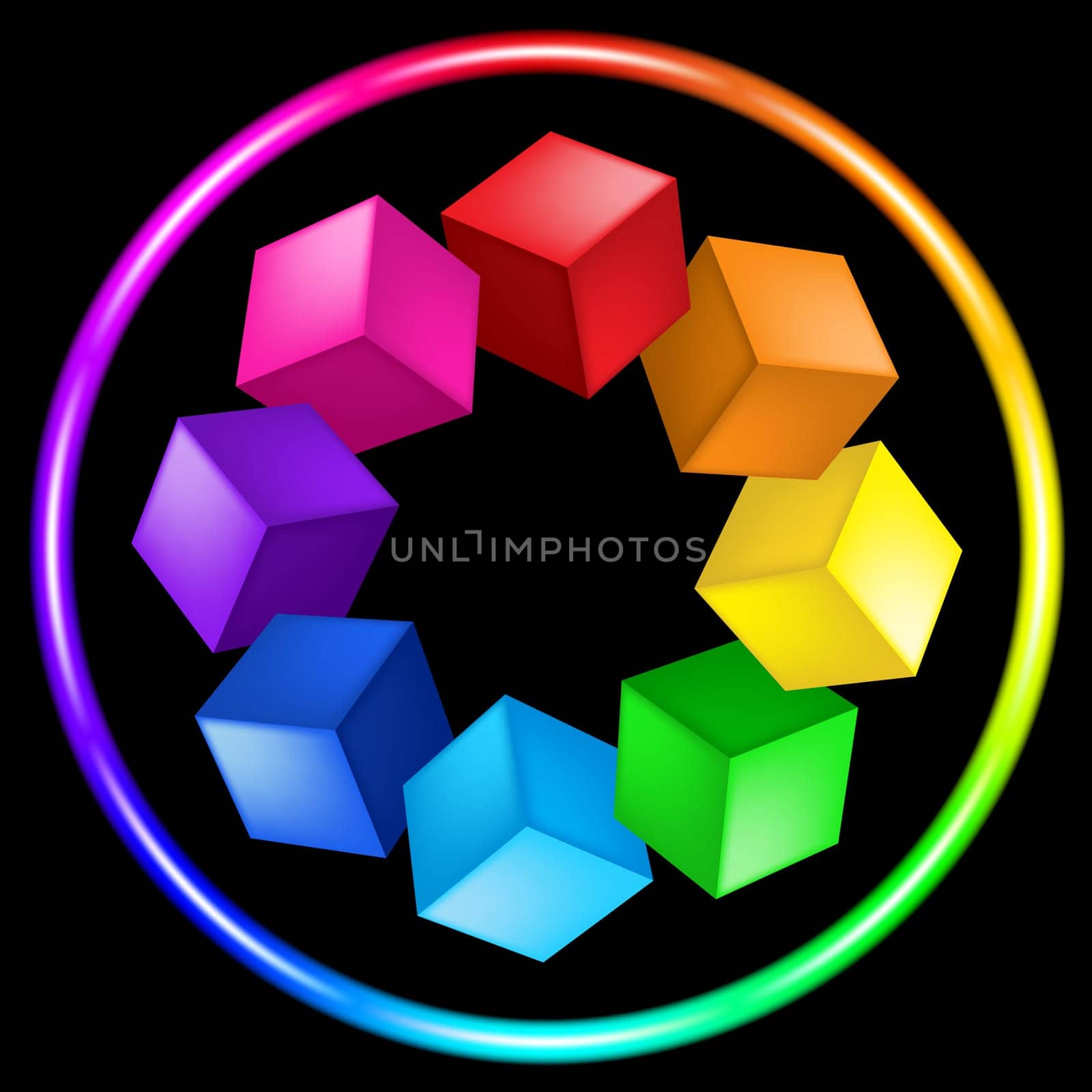 Illustration of cubes and ring of the different color on black
