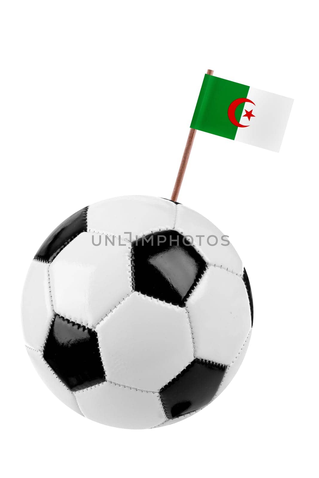 Soccer ball or football decorated with a small national flag of Algeria on a tooth stick
