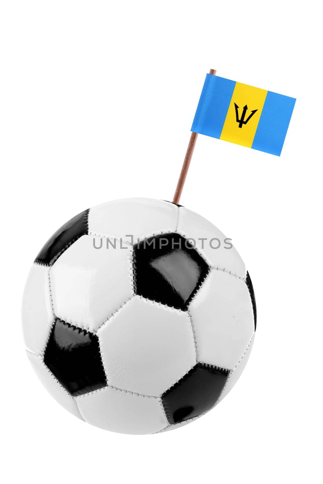Soccer ball or football decorated with a small national flag of Barbados on a tooth stick