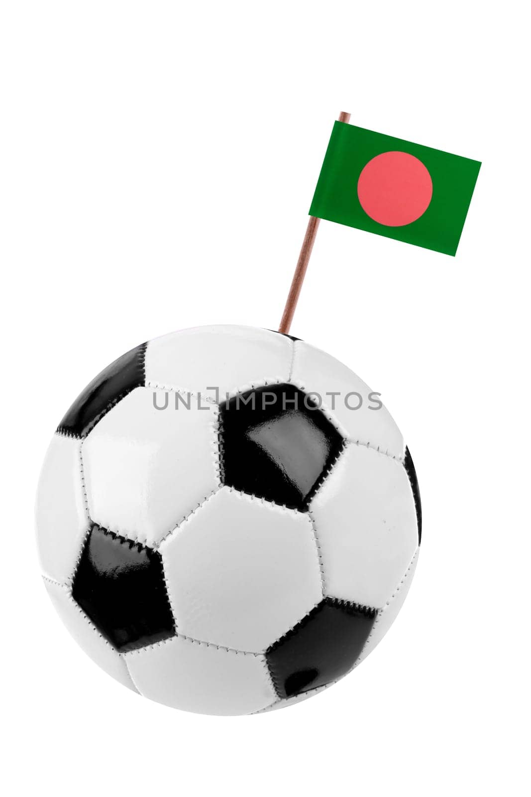 Soccer ball or football decorated with a small national flag of Bangladesh on a tooth stick