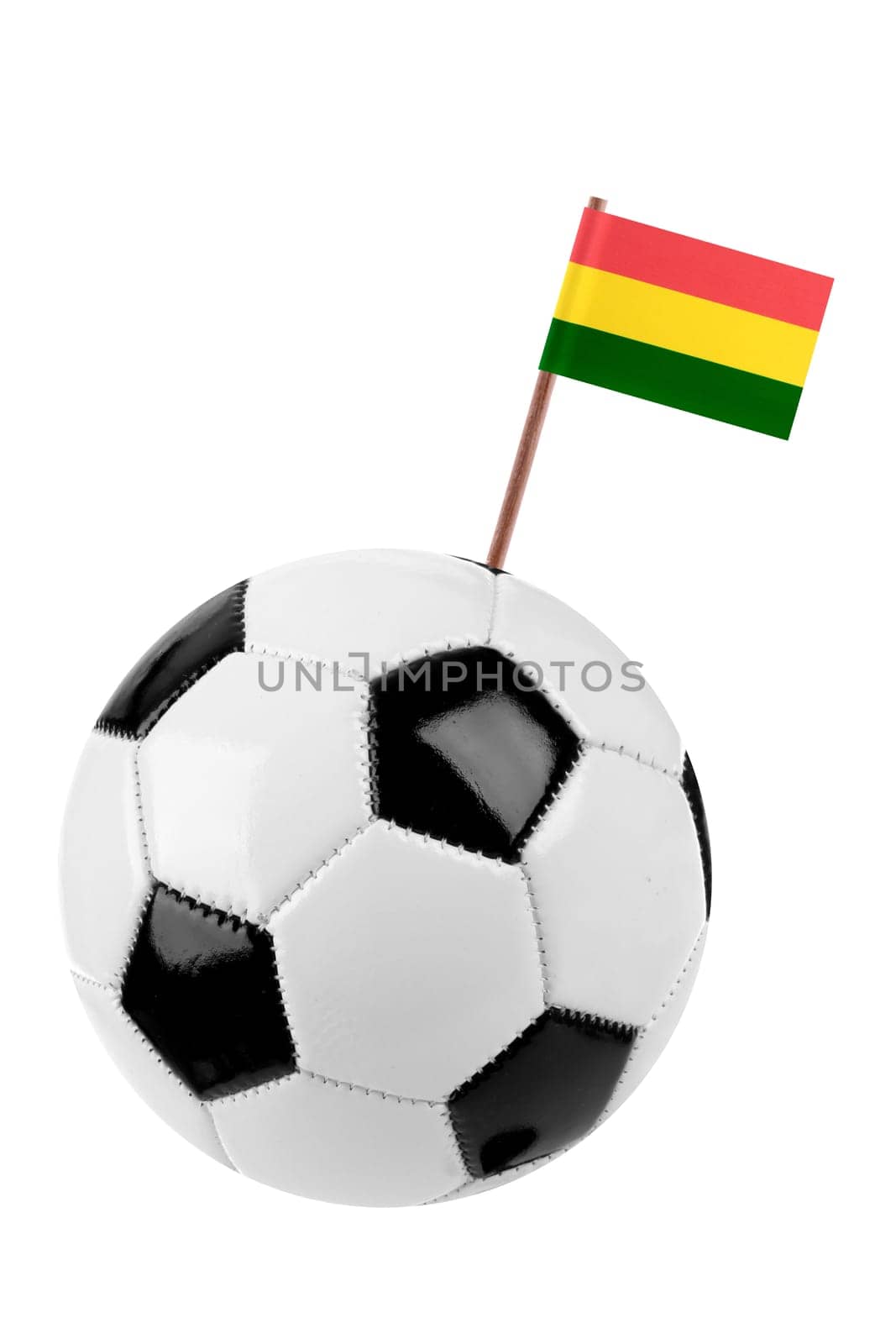 Soccer ball or football decorated with a small national flag of Bolivia on a tooth stick