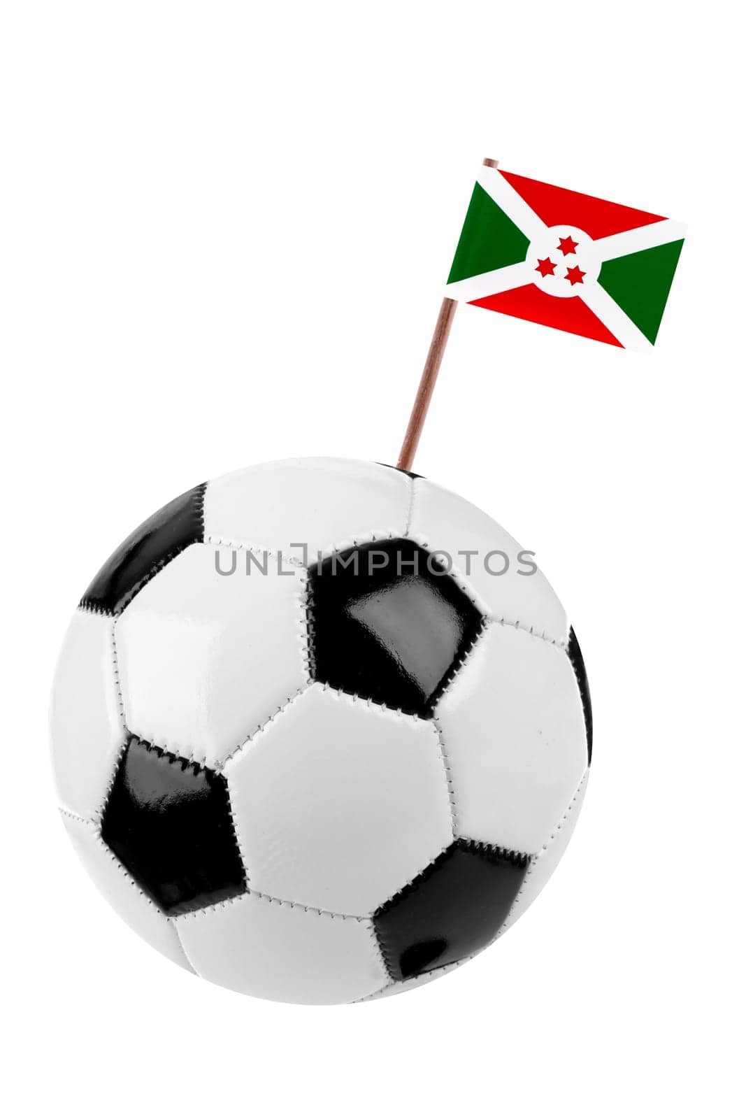 Soccer ball or football decorated with a small national flagof Burundi on a tooth stick
