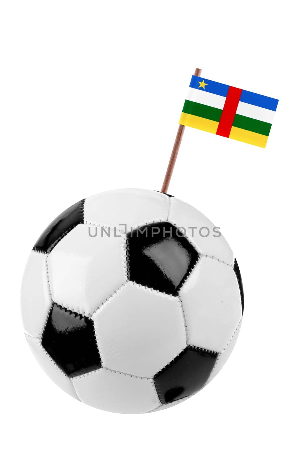 Soccer ball or football decorated with a small national flag of Central African Republic on a tooth stick