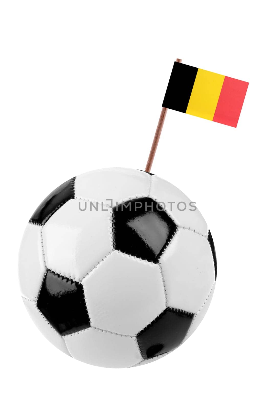 Soccer ball or football decorated with a small national flag of Belgium on a tooth stick
