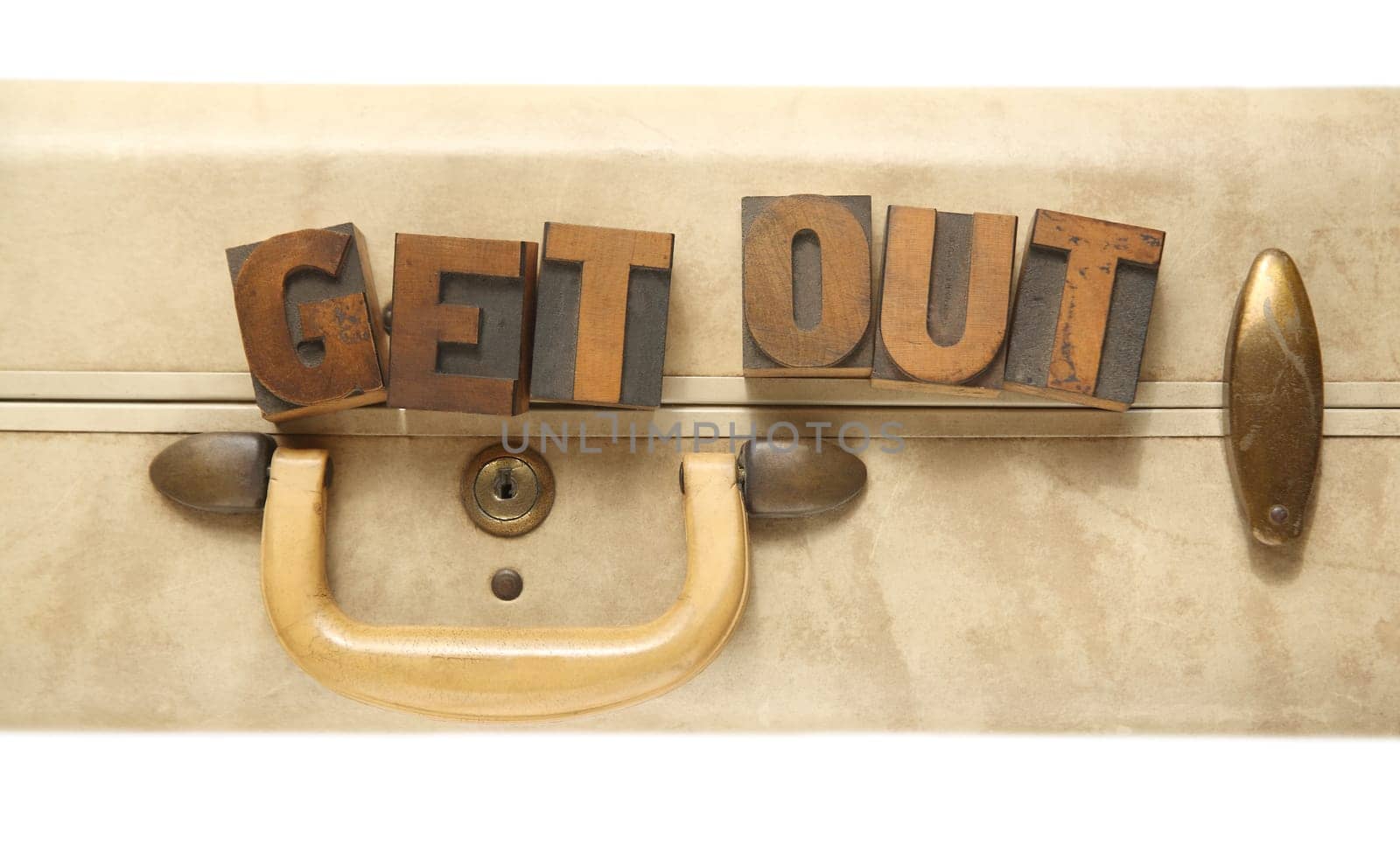 vintage suitcase with words 'get out'