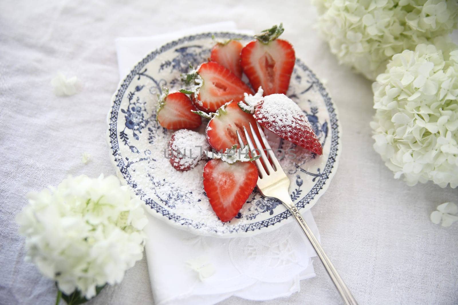 sugared strawberries with hydrangeas