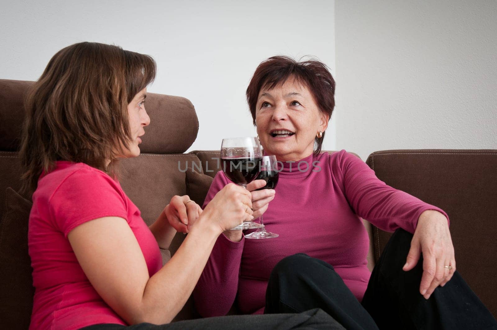 Smiling senior mother with daughter talking and drinking wine on sofa at home