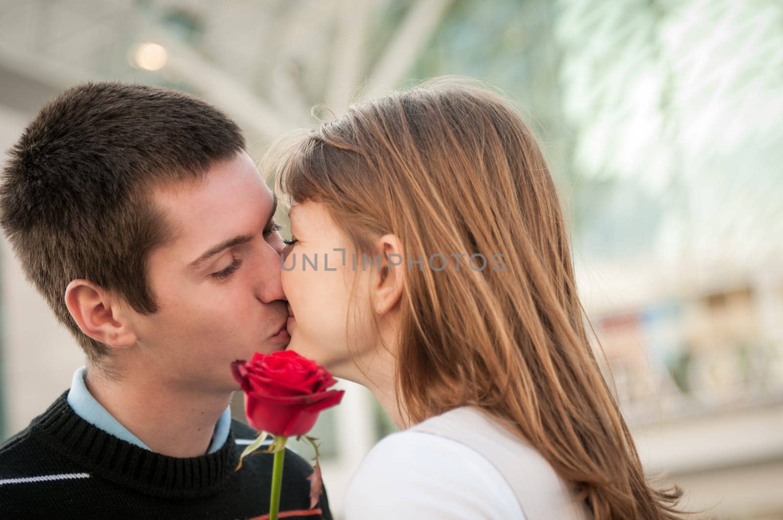 Young man handing over a flower (red rose) to woman and kissing her