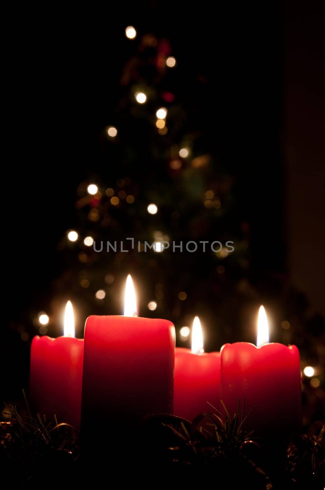 Christmas advent wreath with red burning candles. Lights on x-mas tree in background