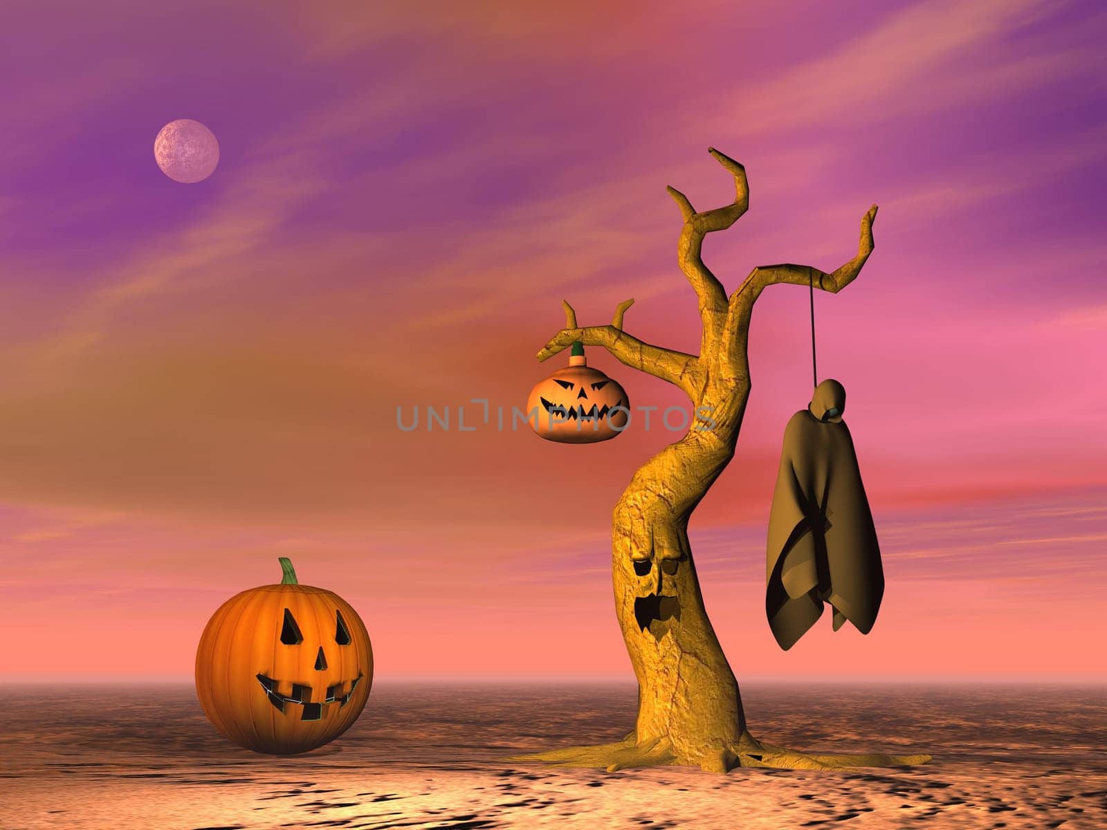 Pumpkins, lantern, tree and corpse for halloween scene